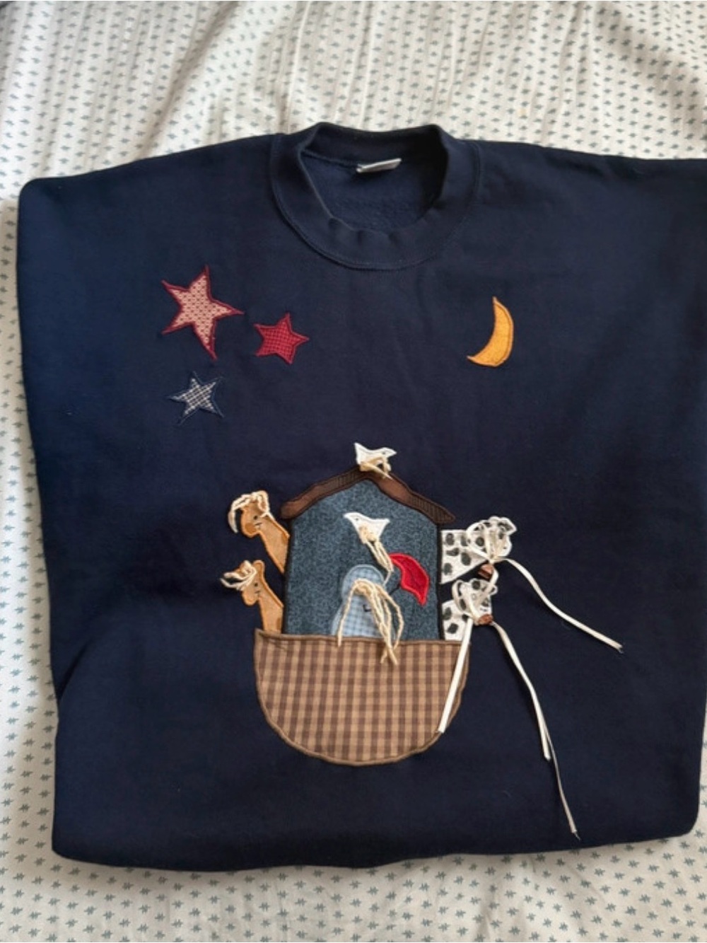 Vintage 90s Jerzees Noah's Ark Handmade Patchwork Sweatshirt Navy XL Unisex